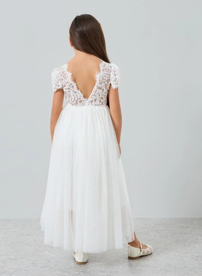 Take Two  Girls White Lace Puff Sleeve Tulle Maxi Dress for Women | Best Price UAE